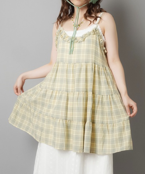 SPINNS（スピンズ）の「ティアードキャミワンピース/チェック/NEO森ガール（ワンピース・レディース・イエロー・ONESIZE）」の10枚目の写真