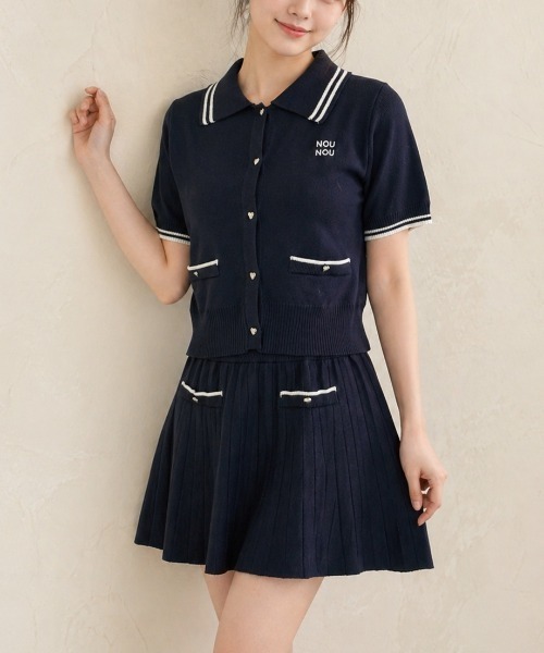 LADY LIKE(レディライク)の「【2点セット】ワンポイント刺繍バイカラーニットセットアップ(ニット/セーター・レディース・モカ/ネイビー/アイボリー/グレー・M)」の4枚目の写真