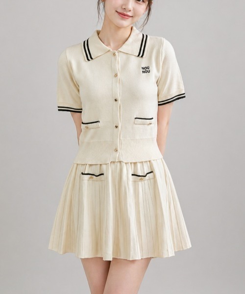 LADY LIKE(レディライク)の「【2点セット】ワンポイント刺繍バイカラーニットセットアップ(ニット/セーター・レディース・モカ/ネイビー/アイボリー/グレー・M)」の2枚目の写真