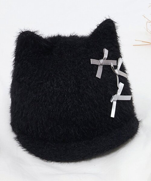 apres les cours（アプレレクール）の「ねこちゃんシャギーハット（ハット・キッズ・ブラック/オフホワイト・50/54）」の2枚目の写真