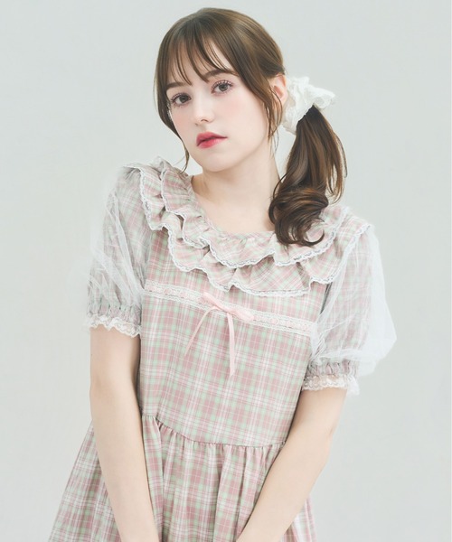 Lolime by mellfy memory(ロリミー バイ メルフィーメモリー)の「check puff sleeve dress(ワンピース・レディース・ピンク/ブルー・M/LL)」の4枚目の写真