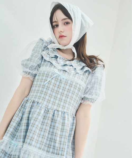 Lolime by mellfy memory(ロリミー バイ メルフィーメモリー)の「check puff sleeve dress(ワンピース・レディース・ピンク/ブルー・M/LL)」の3枚目の写真