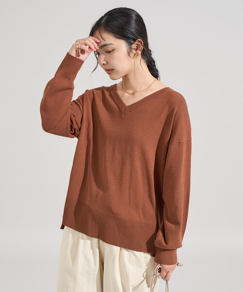 マシーンウォッシャブル＞シルク入り Vネックニットプルオーバー