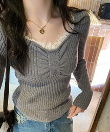 Mejoul | 【華奢見え】レースVネックリブニットトップス(ニット/セーター)