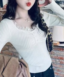 【華奢見え】レースVネックリブニットトップス