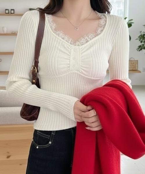 Mejoul（メジュール）の「【2025秋冬新作】レースVネックリブニットトップス　【華奢見え】（ニット/セーター・レディース・グレー/ホワイト/ブラック/アイボリー/グレー系その他・F）」の2枚目の写真
