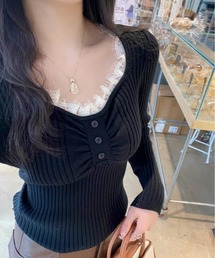 Mejoul | 【2025秋冬新作】レースVネックリブニットトップス　【華奢見え】(ニット/セーター)