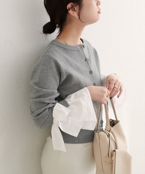 セール】袖口リボンクルーネックカーデ（カーディガン/ボレロ
