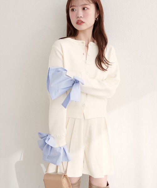 セール】袖口リボンクルーネックカーデ（カーディガン/ボレロ