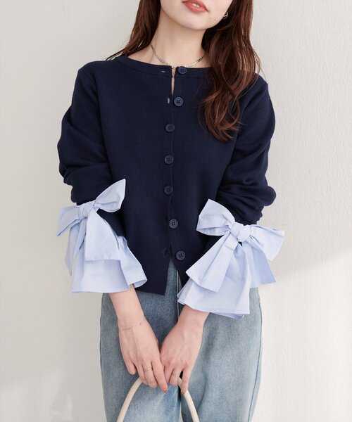 natural couture（ナチュラルクチュール）の「袖口リボンクルーネックカーデ（カーディガン/ボレロ・レディース・ブラウン/ネイビー/オフホワイト/グレー・FREE）」の15枚目の写真