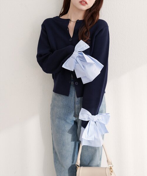 セール】袖口リボンクルーネックカーデ（カーディガン/ボレロ
