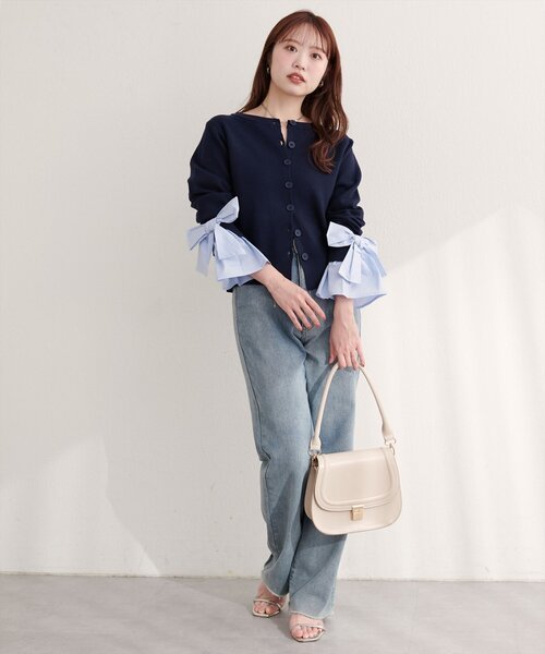 セール】袖口リボンクルーネックカーデ（カーディガン/ボレロ