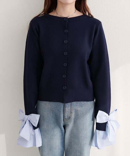 natural couture（ナチュラルクチュール）の「袖口リボンクルーネックカーデ（カーディガン/ボレロ・レディース・ブラウン/ネイビー/オフホワイト/グレー・FREE）」の14枚目の写真