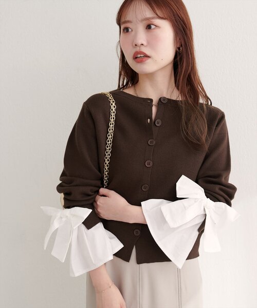 セール】袖口リボンクルーネックカーデ（カーディガン/ボレロ