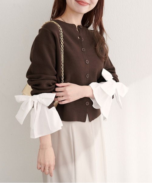 セール】袖口リボンクルーネックカーデ（カーディガン/ボレロ