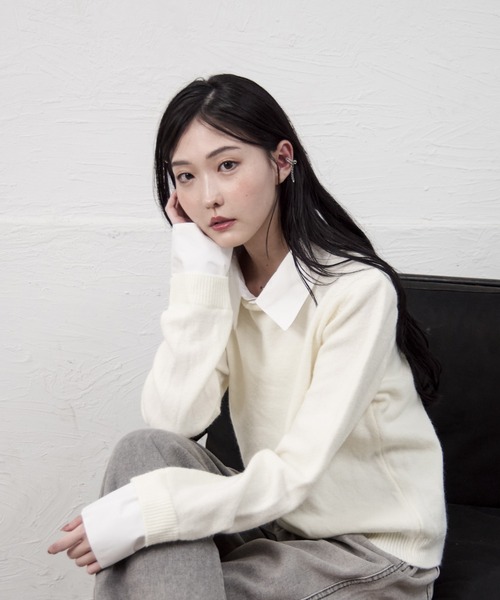 Y/lim(イリム)の「シャツレイヤードドッキングニット(ニット/セーター・レディース・グレー/オフホワイト/ブラック/レッド/ネイビー・FREE)」の13枚目の写真