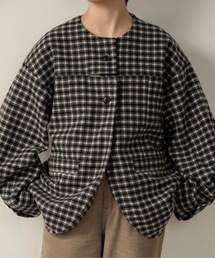 lawgy | fold sleeve hem round check coat / フォールドスリーブヘムラウンドチェックコート(ノーカラーコート)