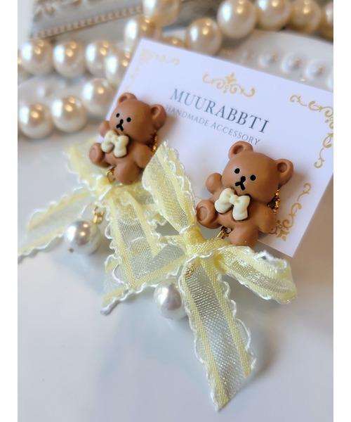 VIBGYOR(ヴィブジョー)の「【MUURABBTI】フワフワリボンとくまちゃんのイヤリング(MA)(イヤリング・レディース・ピンク/グリーン/イエロー・FREE)」の8枚目の写真