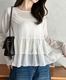 Eclat one（エクラワン）の「【Eclat one】クルーネック ドット柄 裾フリル ロングスリーブ ブラウス（シャツ/ブラウス）」