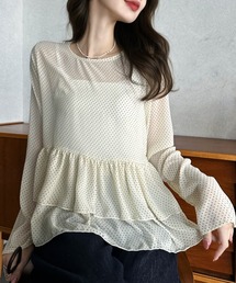 Eclat one（エクラワン）の「【Eclat one】クルーネック ドット柄 裾フリル ロングスリーブ ブラウス（シャツ/ブラウス）」