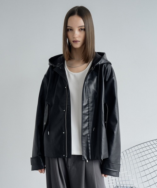 ELLUV（エルブ）の「【ELLUV/エルヴ】ハイクラスPUレザー オーバーショートフードブルゾン（ブルゾン・メンズ・ブラック/ダークブラック・S/M/L）」の15枚目の写真