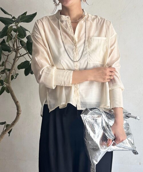 un dix cors(アンディコール)の「シアーバンドカラーシャツ(シャツ/ブラウス・レディース・ライトベージュ/ブラック・FREE)」の9枚目の写真