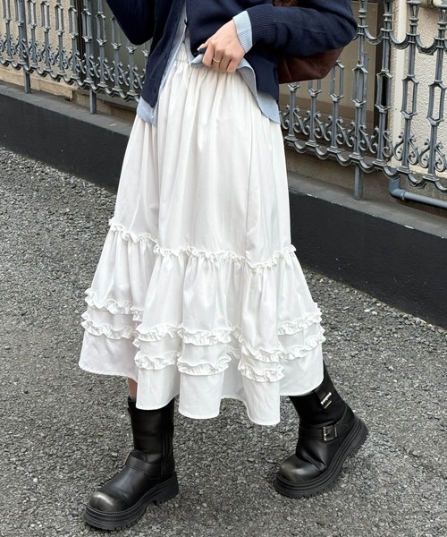 tiptop（ティップトップ）の「フリルミドル丈スカート（スカート・レディース・ブラック/オフホワイト・FREE）」の3枚目の写真