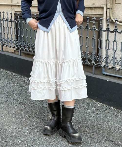 tiptop（ティップトップ）の「フリルミドル丈スカート（スカート・レディース・ブラック/オフホワイト・FREE）」の4枚目の写真