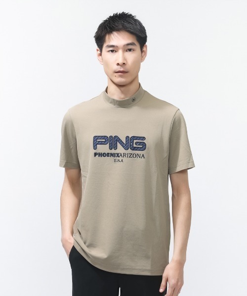 PING(ピン)の「ピン アップリケ半袖ハイネックシャツ(Tシャツ/カットソー・メンズ・ベージュ/ホワイト・M/L/LL/3L)」の1枚目の写真