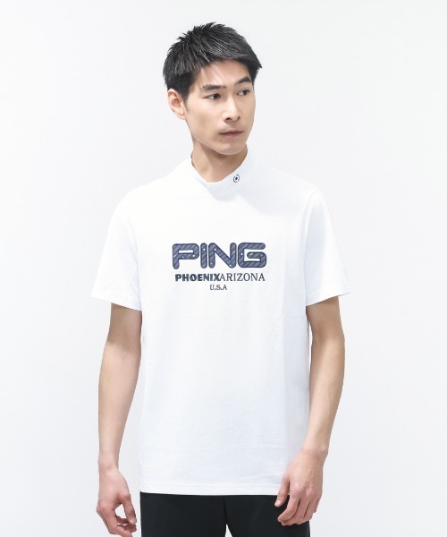 PING(ピン)の「ピン アップリケ半袖ハイネックシャツ(Tシャツ/カットソー・メンズ・ベージュ/ホワイト・M/L/LL/3L)」の2枚目の写真