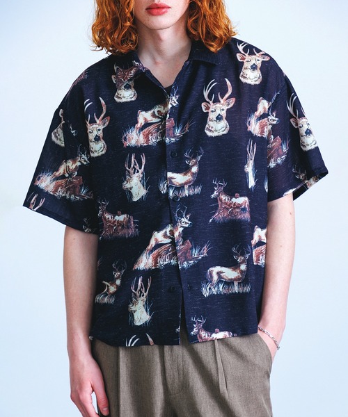 Revo.(レボ)の「Revo. ヴィンテージライク アニマルパターン ボックス セミオープンカラーシャツ 半袖(シャツ/ブラウス・メンズ・ベージュ/アイボリー/ブルー/ブラック/グリーン・L/M)」の3枚目の写真