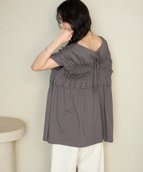 forksy.（フォルクシー）の「【forksy.】＜エブリデイシリーズ＞前後2way シャーリング カットフリル ショートスリーブTシャツ（Tシャツ/カットソー・レディース・ライトブルー/ブラック/チャコールグレー/オフホワイト/ピンク/ブラウン・FREE）」の21枚目の写真