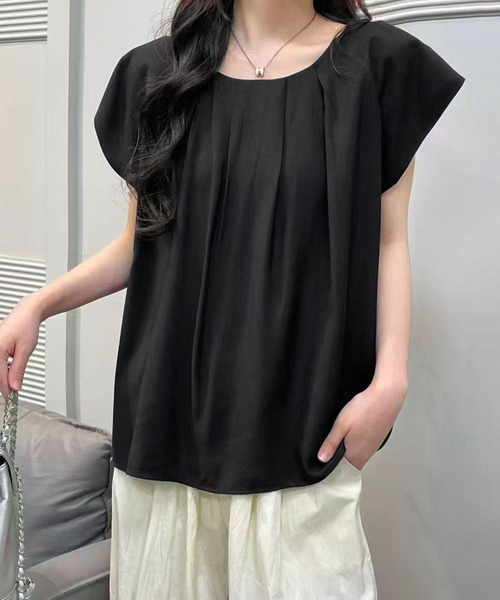 aimoha（アイモハ）の「フレンチスリーブ ドレープカットソー (SS)（Tシャツ/カットソー・レディース・ベージュ/ブラック・FREE）」の2枚目の写真