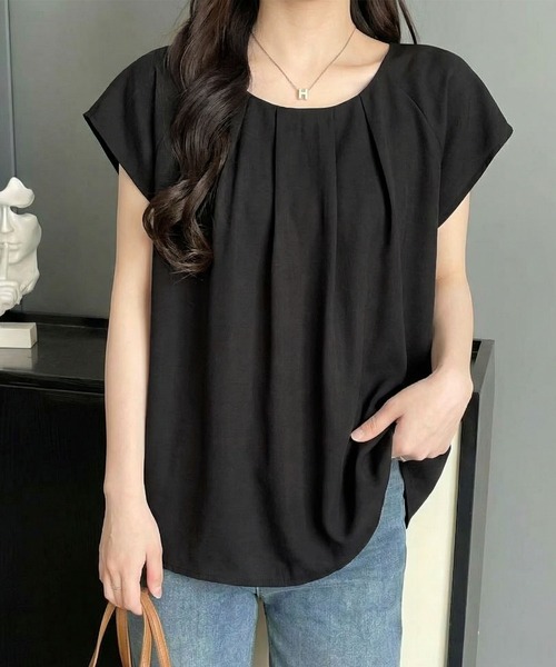 aimoha（アイモハ）の「フレンチスリーブ ドレープカットソー (SS)（Tシャツ/カットソー・レディース・ベージュ/ブラック・FREE）」の3枚目の写真