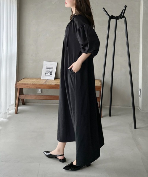 Eclat one(エクラワン)の「【Eclat one】バンドカラー ボリュームスリーブ ロングシャツ ワンピース(ワンピース・レディース・ラベンダー/ブルー/ブラック・FREE)」の9枚目の写真