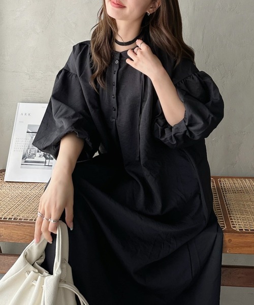 Eclat one(エクラワン)の「【Eclat one】バンドカラー ボリュームスリーブ ロングシャツ ワンピース(ワンピース・レディース・ラベンダー/ブルー/ブラック・FREE)」の6枚目の写真