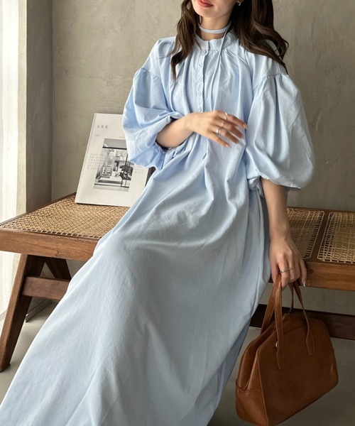 Eclat one(エクラワン)の「【Eclat one】バンドカラー ボリュームスリーブ ロングシャツ ワンピース(ワンピース・レディース・ラベンダー/ブルー/ブラック・FREE)」の12枚目の写真