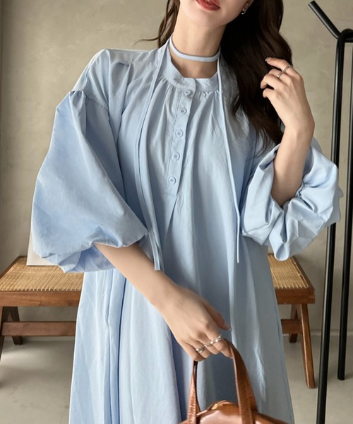 Eclat one(エクラワン)の「【Eclat one】バンドカラー ボリュームスリーブ ロングシャツ ワンピース(ワンピース・レディース・ラベンダー/ブルー/ブラック・FREE)」の15枚目の写真