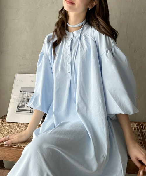 Eclat one(エクラワン)の「【Eclat one】バンドカラー ボリュームスリーブ ロングシャツ ワンピース(ワンピース・レディース・ラベンダー/ブルー/ブラック・FREE)」の14枚目の写真