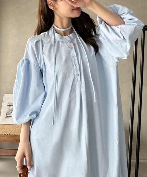 Eclat one(エクラワン)の「【Eclat one】バンドカラー ボリュームスリーブ ロングシャツ ワンピース(ワンピース・レディース・ラベンダー/ブルー/ブラック・FREE)」の11枚目の写真