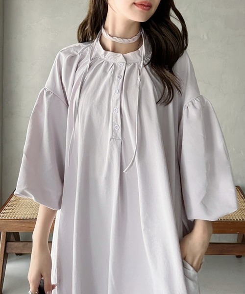 Eclat one(エクラワン)の「【Eclat one】バンドカラー ボリュームスリーブ ロングシャツ ワンピース(ワンピース・レディース・ラベンダー/ブルー/ブラック・FREE)」の22枚目の写真
