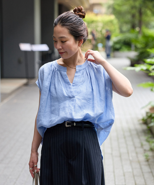 B.C STOCK(ベーセーストック)の「手洗い可 / フレンチリネンスリーブレスブラウス(シャツ/ブラウス・レディース・ブラック/ライトブルー/エメラルドブルー/ホワイト/ピンク・FREE)」の4枚目の写真