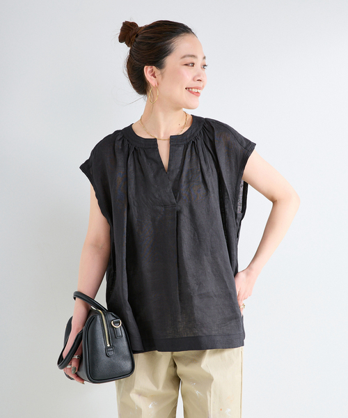 B.C STOCK(ベーセーストック)の「手洗い可 / フレンチリネンスリーブレスブラウス(シャツ/ブラウス・レディース・ブラック/ライトブルー/エメラルドブルー/ホワイト/ピンク・FREE)」の16枚目の写真