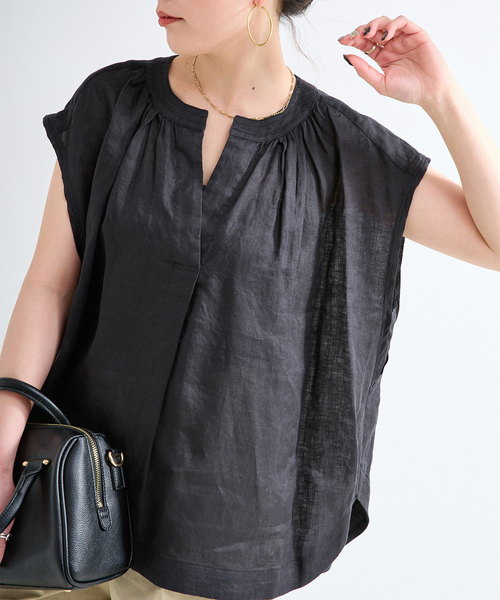 B.C STOCK(ベーセーストック)の「手洗い可 / フレンチリネンスリーブレスブラウス(シャツ/ブラウス・レディース・ブラック/ライトブルー/エメラルドブルー/ホワイト/ピンク・FREE)」の20枚目の写真