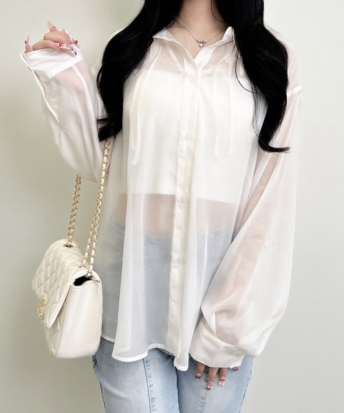 INGNI(イング)の「2Way肩リボンオフショルシアーシャツ(シャツ/ブラウス・レディース・イエロー/ピンク/アイボリー/サックスブルー・M)」の5枚目の写真