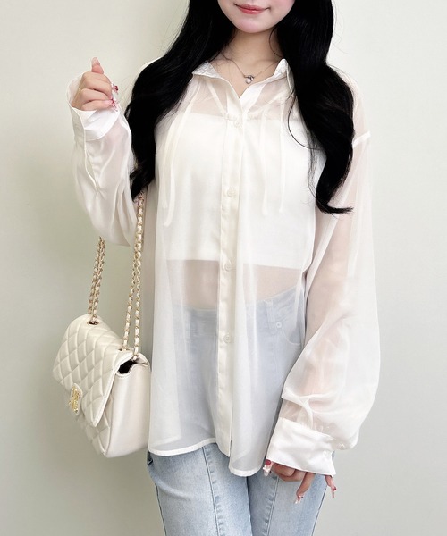 INGNI(イング)の「2Way肩リボンオフショルシアーシャツ(シャツ/ブラウス・レディース・イエロー/ピンク/アイボリー/サックスブルー・M)」の6枚目の写真