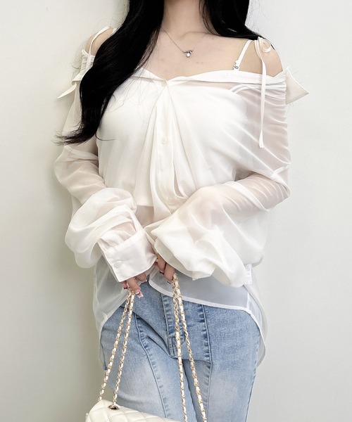 INGNI(イング)の「2Way肩リボンオフショルシアーシャツ(シャツ/ブラウス・レディース・イエロー/ピンク/アイボリー/サックスブルー・M)」の8枚目の写真
