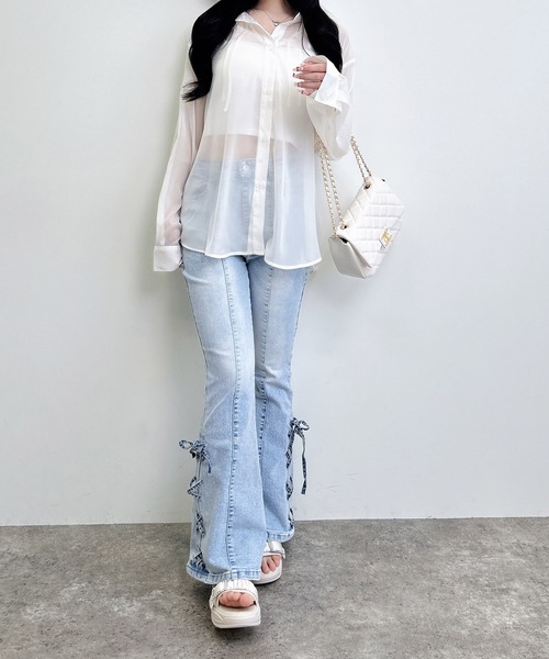 INGNI(イング)の「2Way肩リボンオフショルシアーシャツ(シャツ/ブラウス・レディース・イエロー/ピンク/アイボリー/サックスブルー・M)」の12枚目の写真