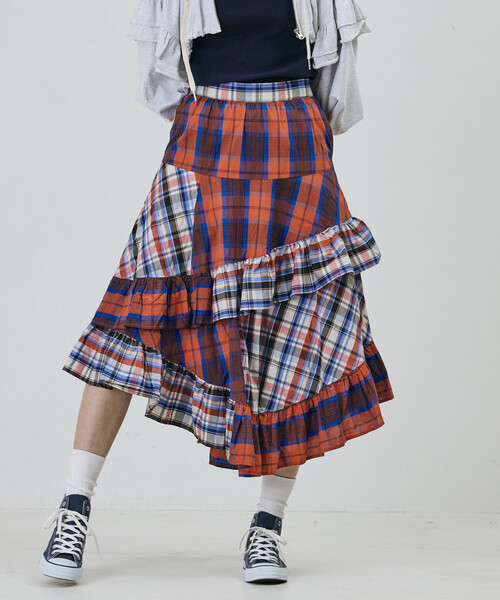 Freada(フリーダ)の「Freada/フリーダ チェック×チェックアシメフリルスカート(スカート・レディース・レッド/イエロー・ONE SIZE)」の4枚目の写真