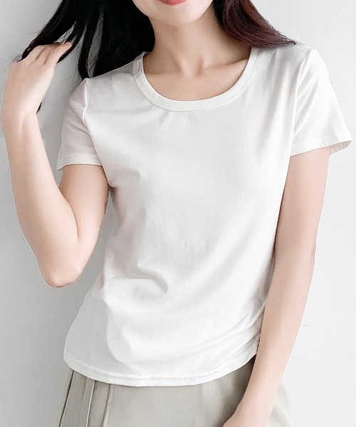 LOWO(ロワ)の「【超ストレッチ / M~4L】型崩れしにくい極上コットンプルオーバー(Tシャツ/カットソー・レディース・イエロー/チャコールグレー/ホワイト/ブラック/ブルー/ピンク・M/2L/L/4L/3L)」の2枚目の写真